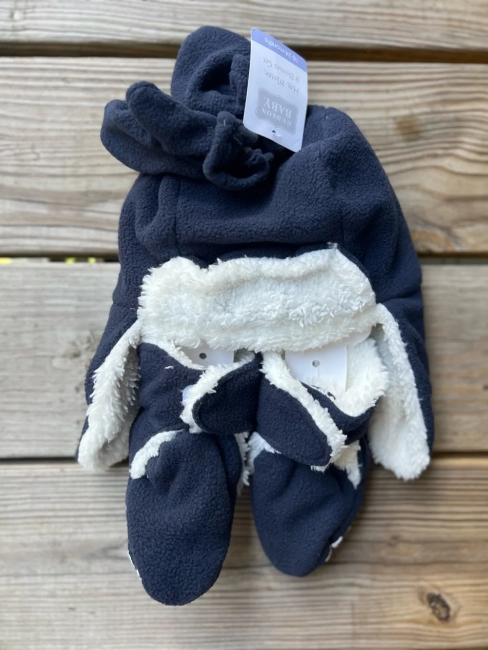 Hudson Baby Toddler 18-24M Navy Fleece Hat, Slippers & Mittens Set